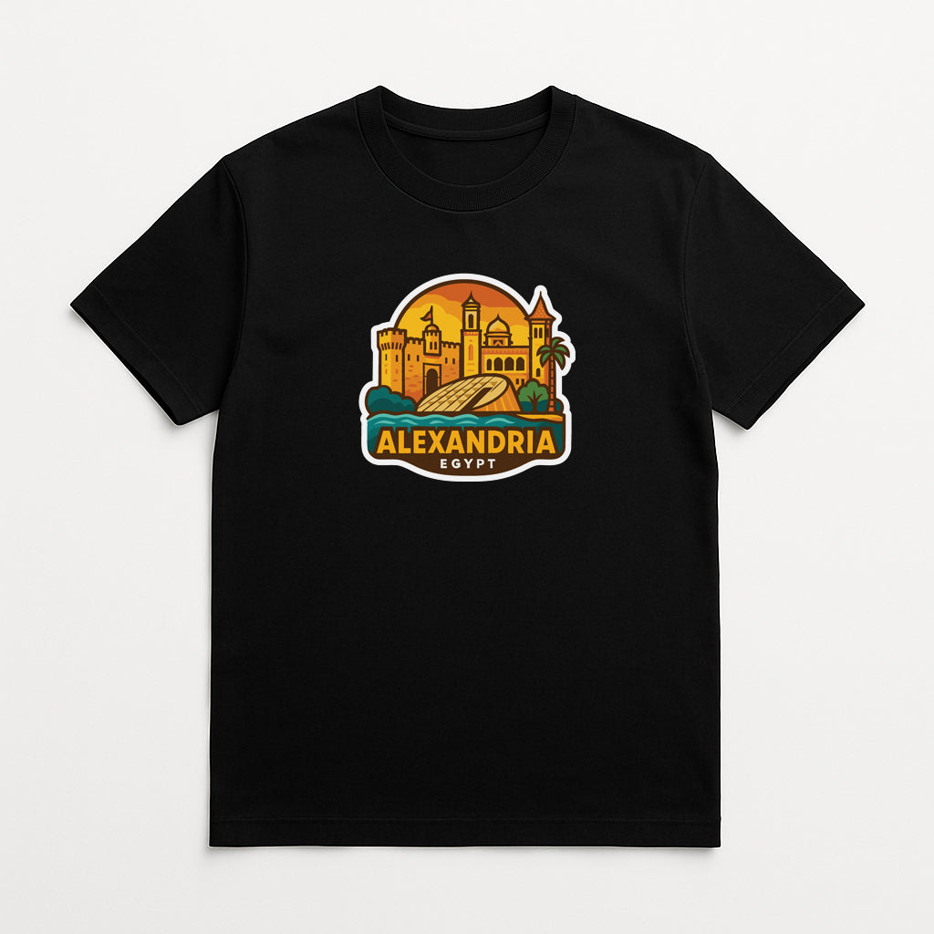 A black t-shirt with a graphic design depicting the city of Alexandria, Egypt, including its landmarks and architecture.