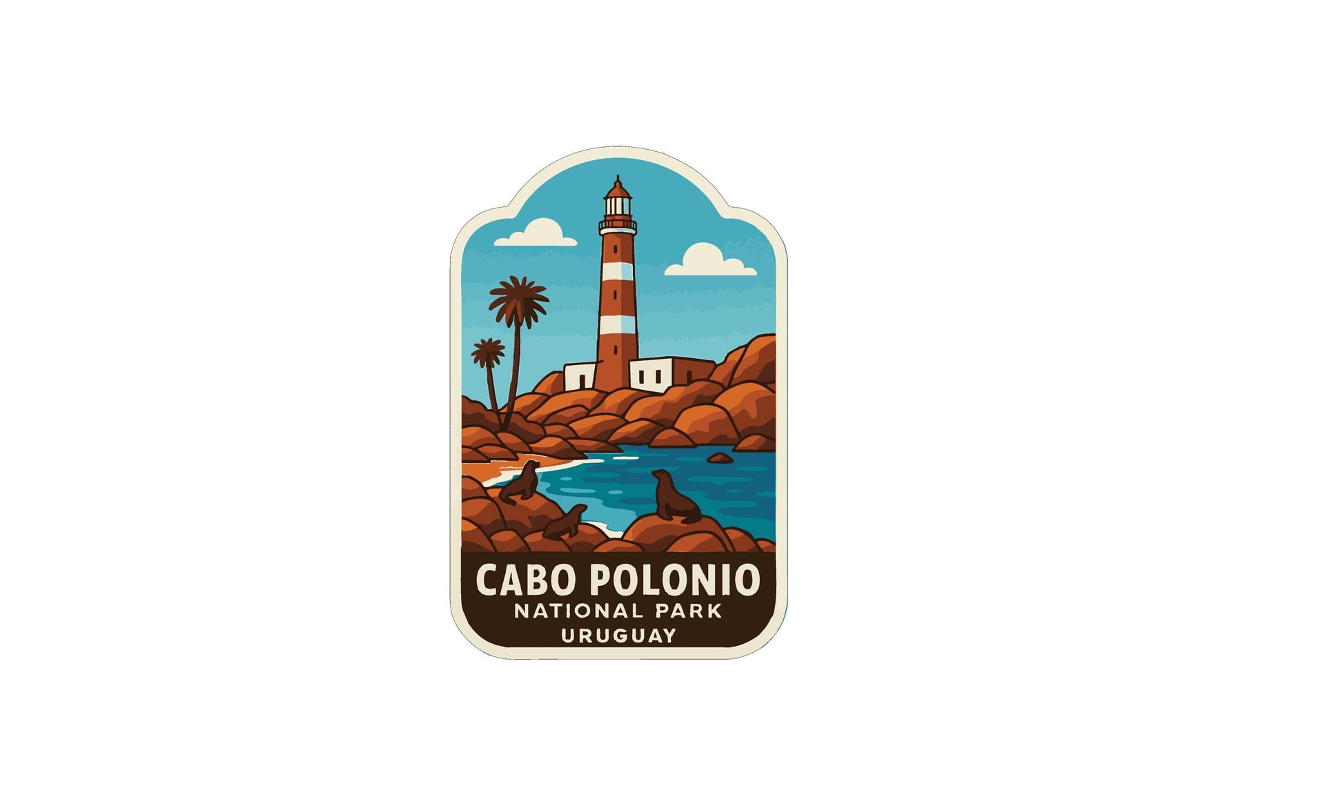 a label or sticker with a lighthouse and a beach scene, representing the location of Cabo Polón, a national park in Uruguay.