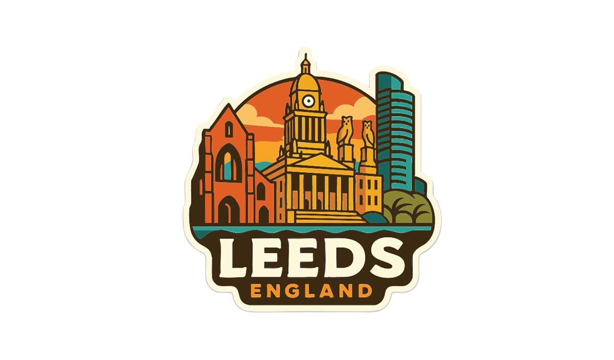 A stylized sticker or emblem featuring the city of Leeds, England, with various landmarks and buildings depicted in a colorful, vintage-inspired design.