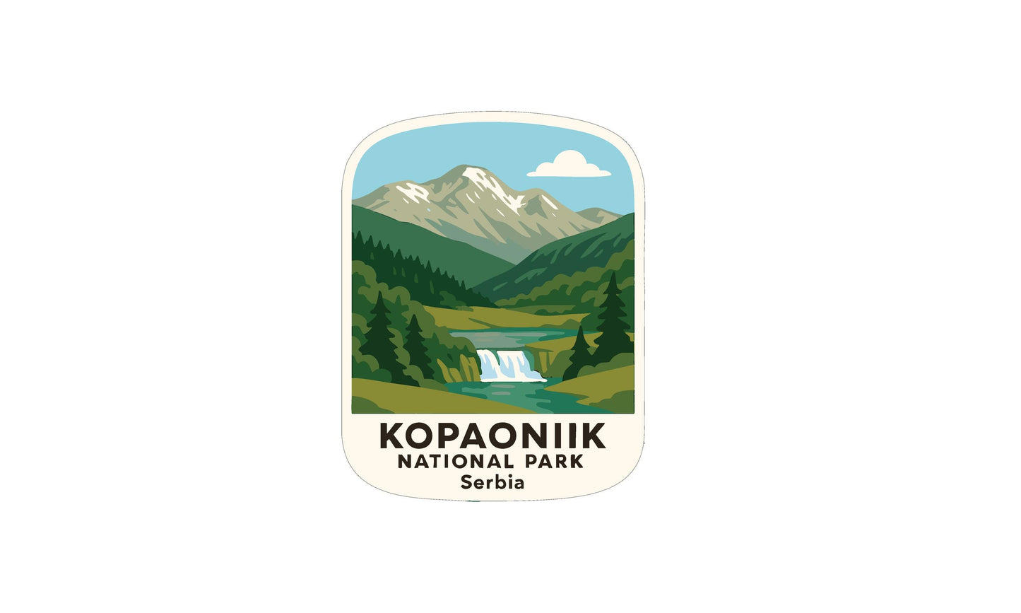 a sticker or label with a mountain landscape and a waterfall, representing the Kopacik National Park in Serbia.