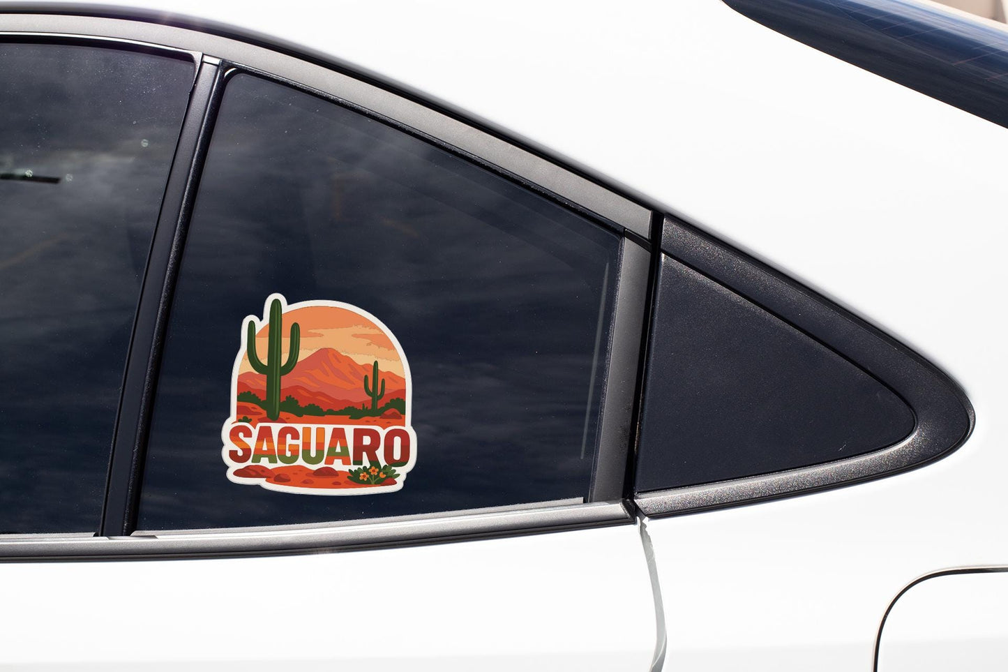 A sticker on the side of a car window that says "Saguaro".
