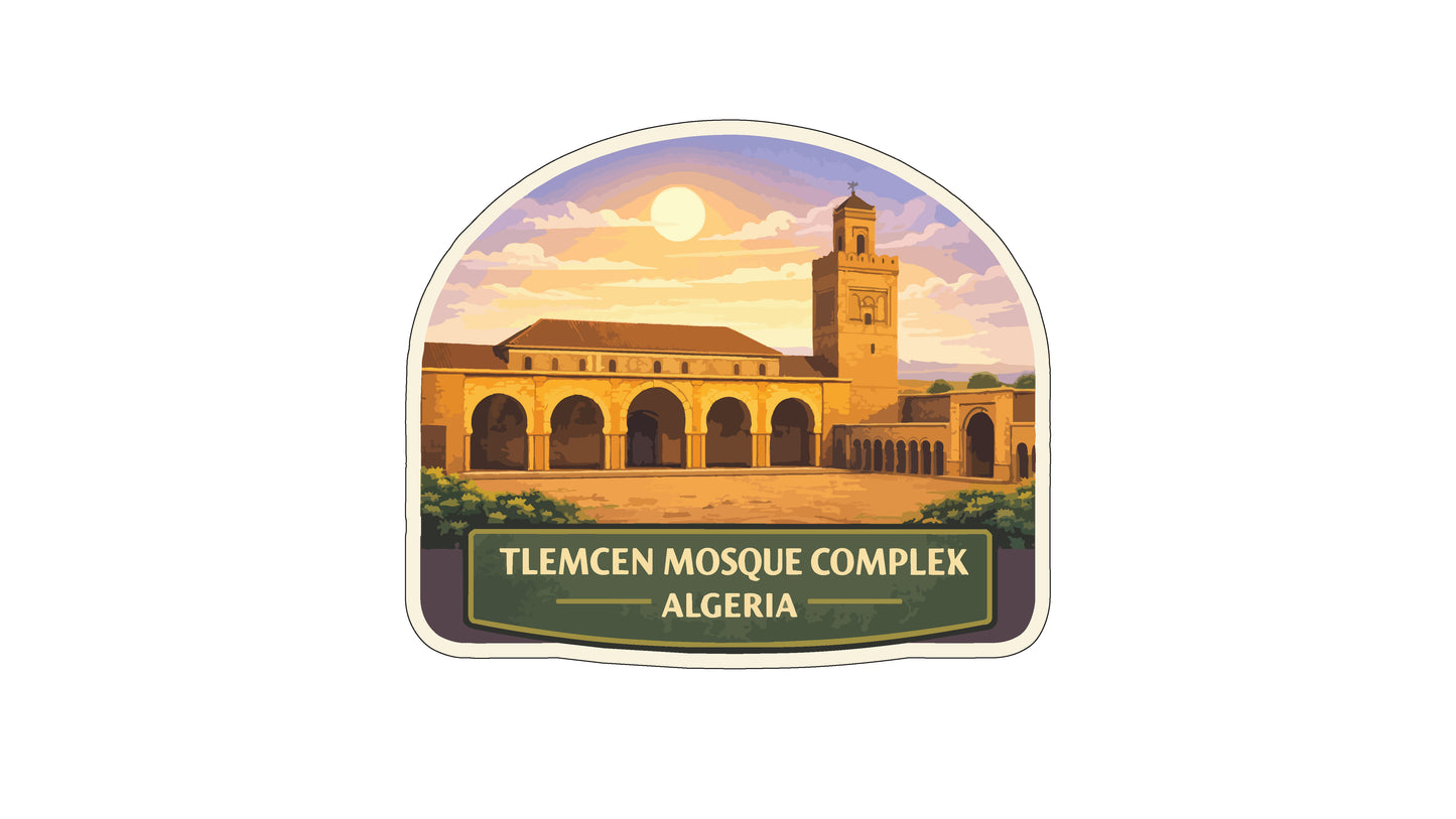 a mosque with a tower and arches, set against a colorful sky with a full moon. The text below the image reads "TLEMCEN MOSQUE COMPLEX ALGERIA".
