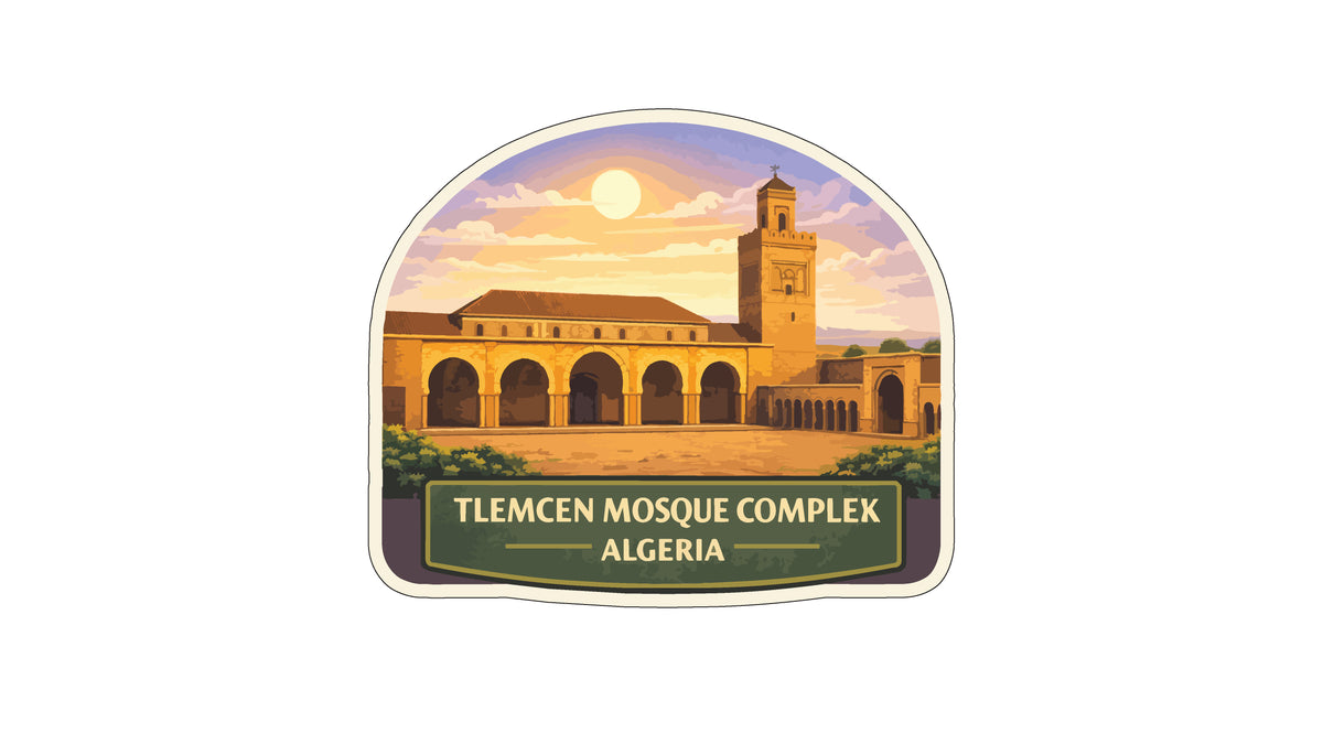a mosque with a tower and arches, set against a colorful sky with a full moon. The text below the image reads "TLEMCEN MOSQUE COMPLEX ALGERIA".