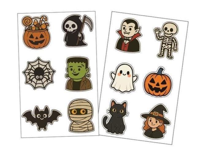 a pair of halloween stickers on a white background
