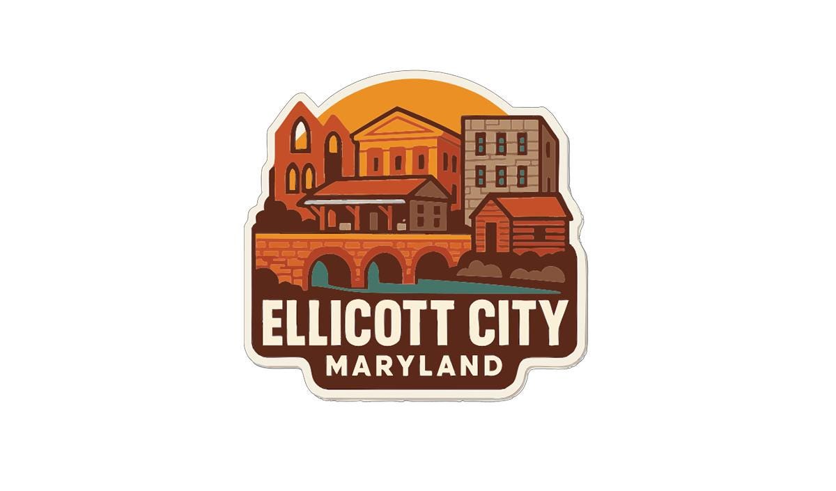 a sticker or emblem with a stylized illustration of a cityscape, including buildings, a bridge, and a sunset. The text "ELLICOTT CITY MARYLAND" is prominently displayed, indicating the location or theme of the image.