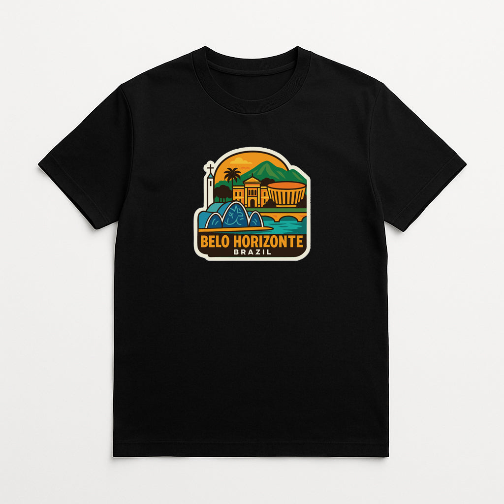 A black t-shirt with a graphic design depicting a tropical landscape with a building and palm trees.