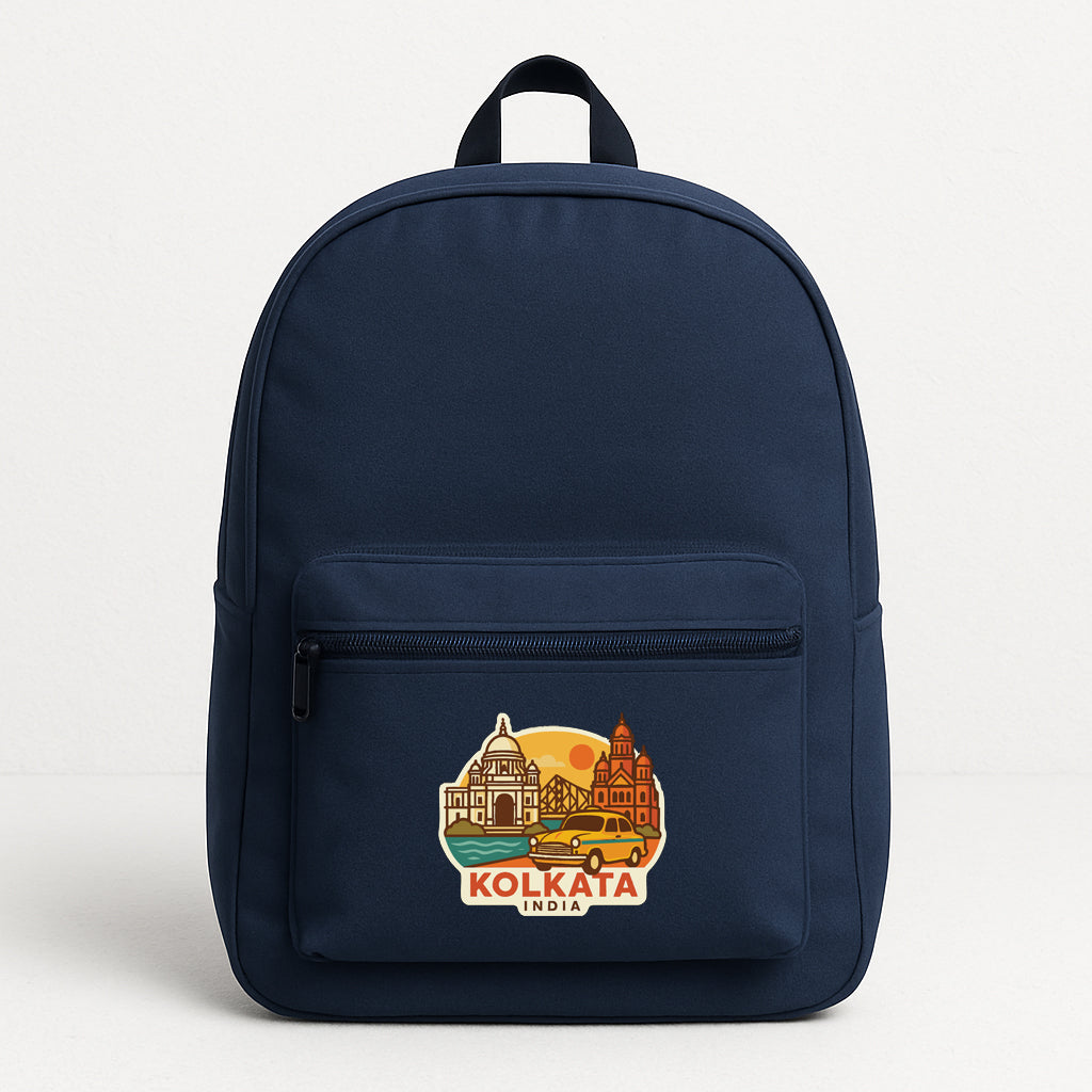 A navy blue backpack with a graphic of Kolkata, India, printed on it.