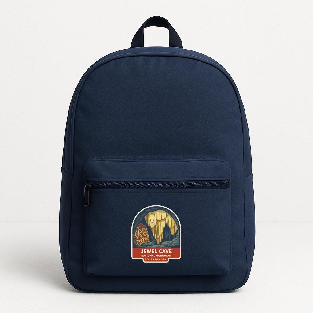 A navy blue backpack with a label that says "JEWEL CAVE NATIONAL PARK".