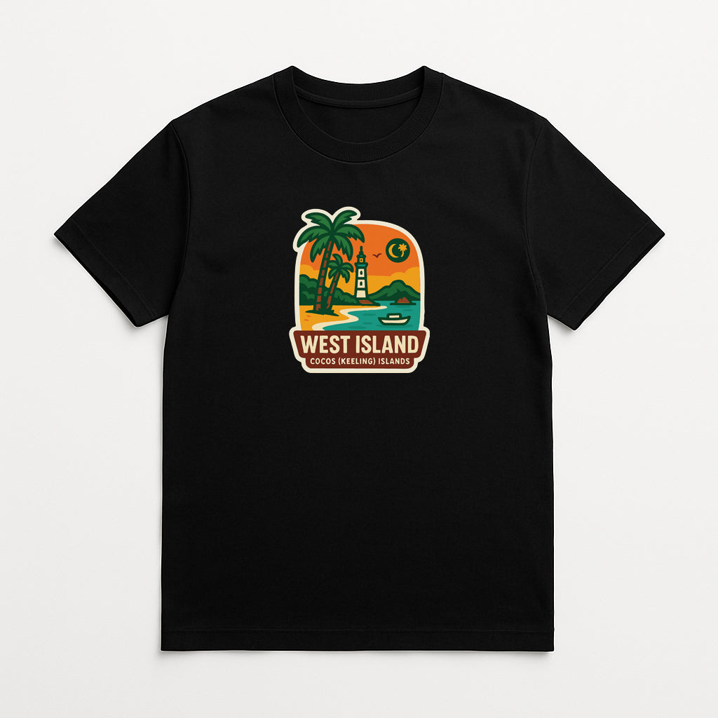 A black t-shirt with a graphic design depicting a tropical island scene, including palm trees, a lighthouse, and a sunset.