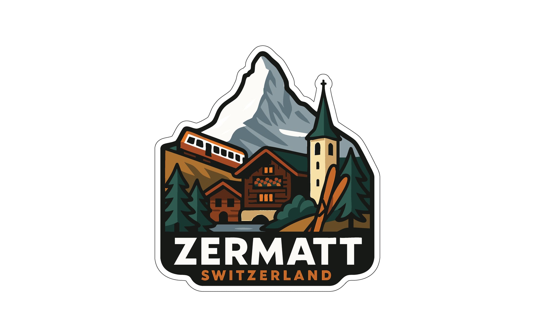 a sticker or logo depicting a mountain landscape with a church, train, and other buildings, along with the text "ZERMATT SWITZERLAND".