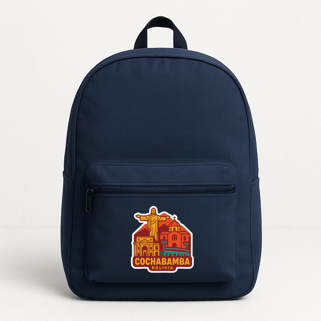 A navy blue backpack with a colorful sticker on the front, depicting a building and a figure.