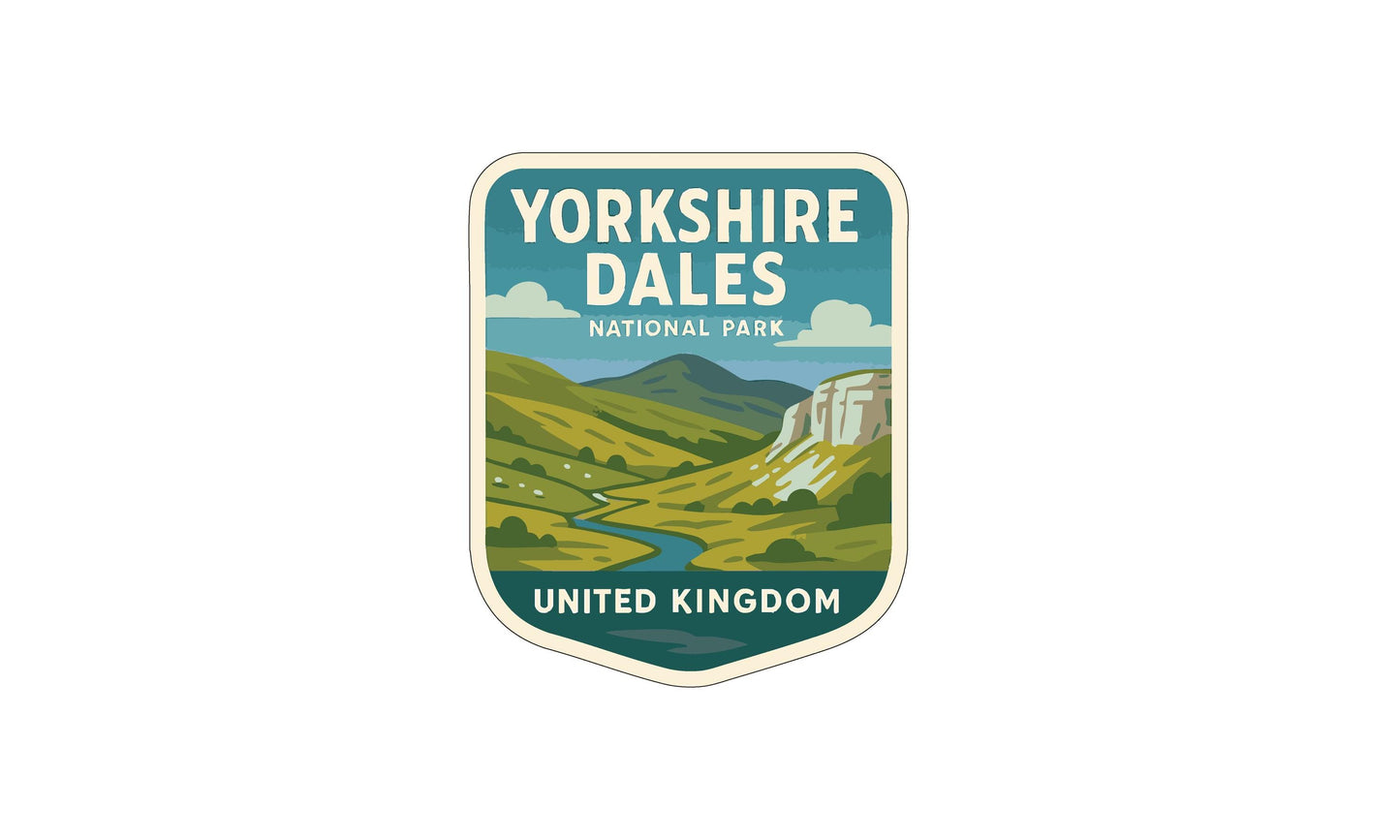 A shield-shaped logo featuring a scenic landscape with mountains, a river, and a cloudy sky. The text "YORKSHIRE DALES NATIONAL PARK" and "UNITED KINGDOM" is displayed prominently.