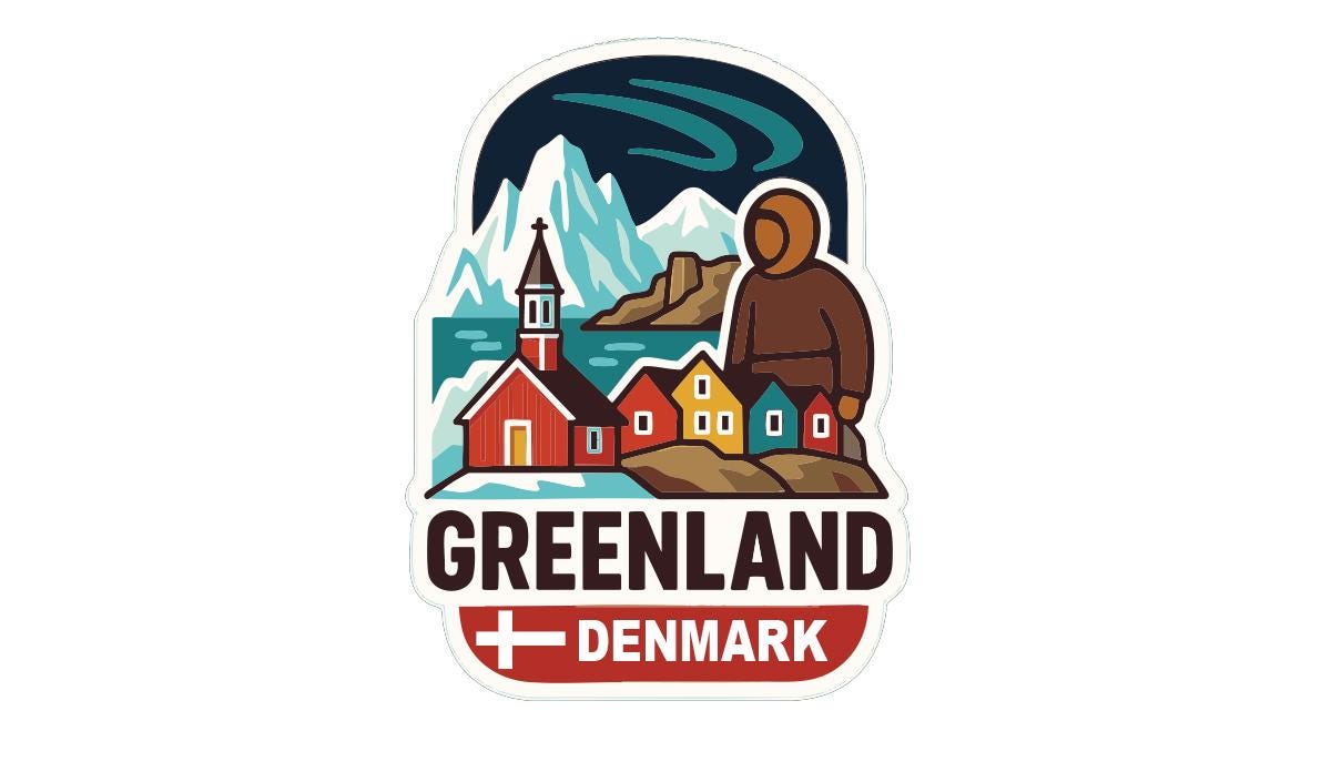 A colorful sticker depicting a village in Greenland with mountains in the background, a church, and a person in a brown coat.