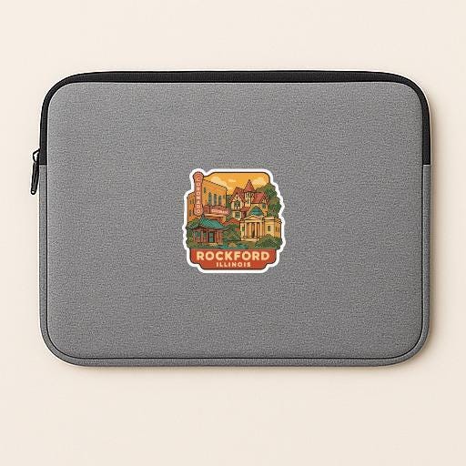 A gray laptop sleeve with a sticker depicting a colorful illustration of a town or city.