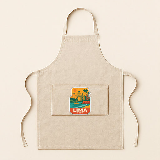 A beige apricot with a graphic of a cityscape and the word "LIMA" printed on it.