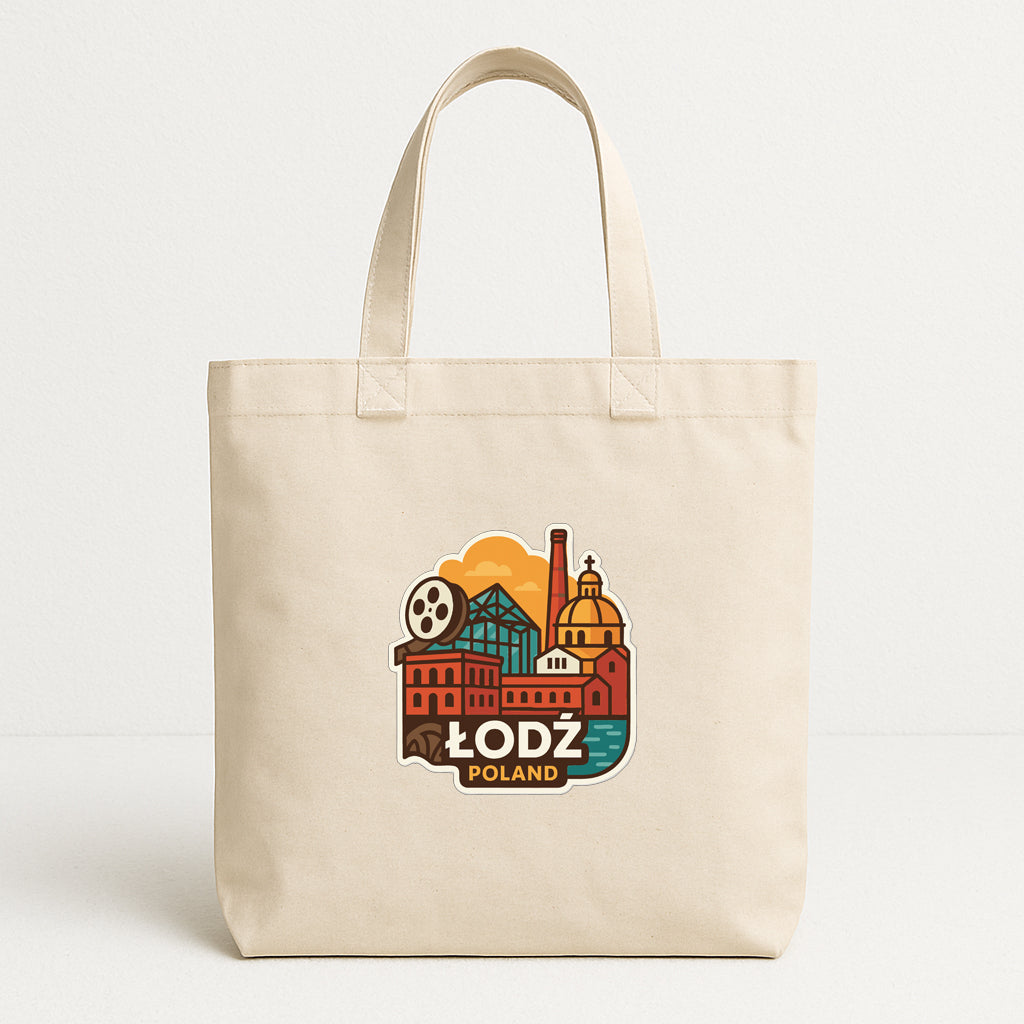 A beige tote bag with a colorful graphic design featuring various landmarks and buildings, along with the text "LODZ POLAND".