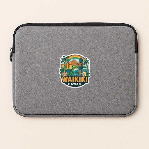 A gray laptop sleeve with a colorful logo of Waikiki, Hawaii, featuring a surfboard, palm trees, and a sunset.