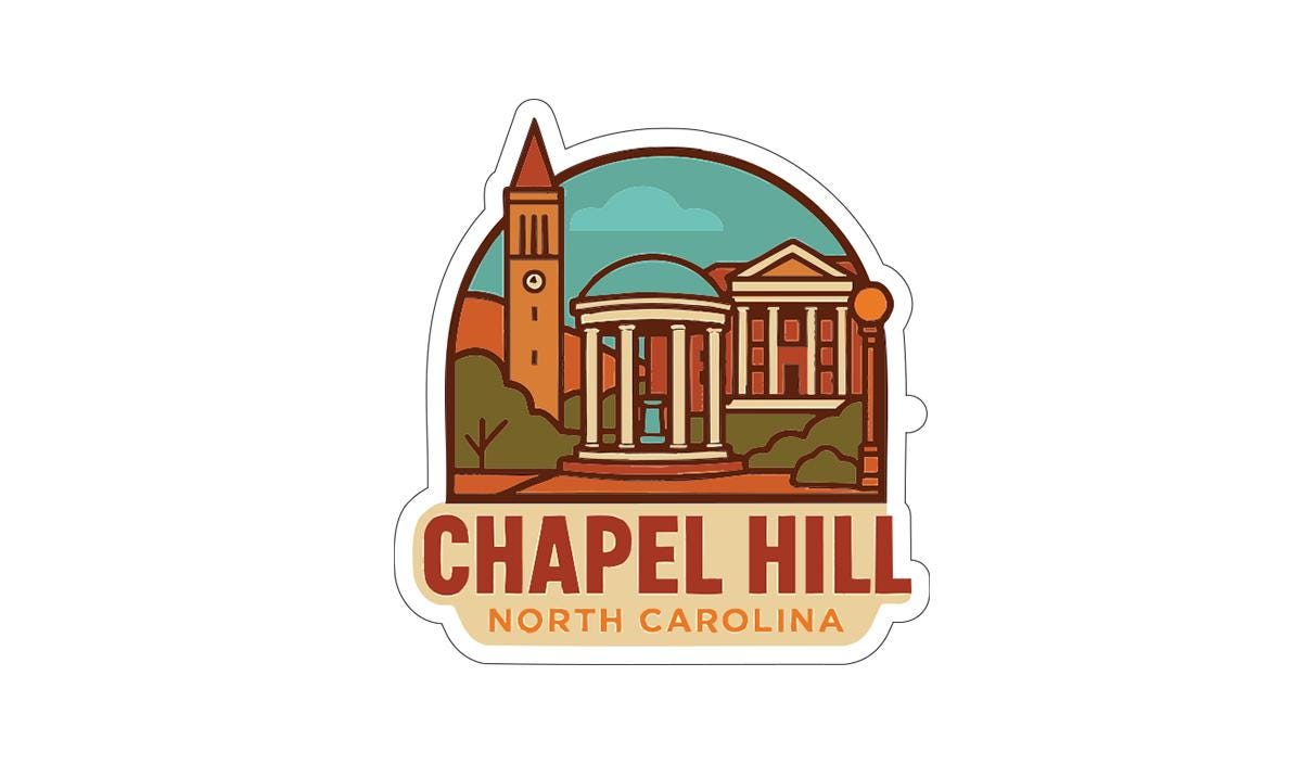 A sticker depicting the historic campus of Chapel Hill, North Carolina, with a clock tower, domed building, and other architectural elements.