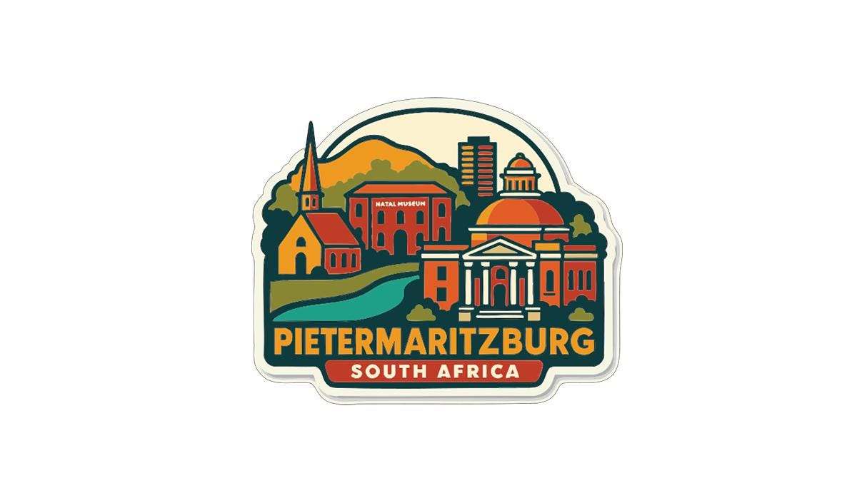 a colorful illustration of the city of Pietermartzburg, South Africa, with various buildings and landmarks depicted.
