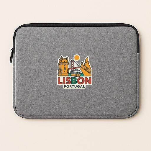 A gray laptop sleeve with a graphic design featuring the iconic landmarks of Lisbon, Portugal.