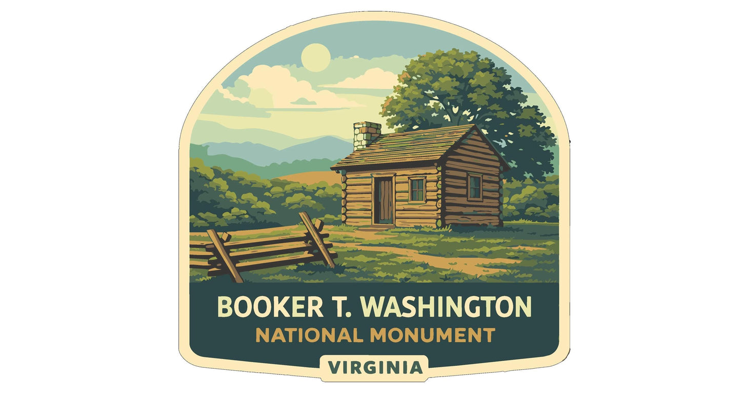 The image is a sticker or label for the Booker T. Washington National Monument in Virginia. It features a cabin in a rural setting with a tree and a fence in the foreground.