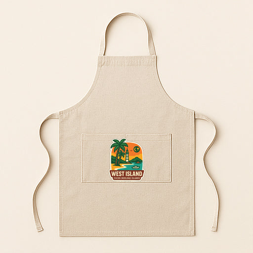A beige apricot with a graphic of a palm tree and a sunset on it, along with the text "WEST ISLAND" printed on it.