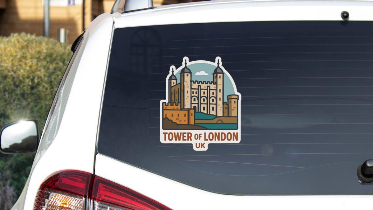A sticker on the rear window of a car depicting the Tower of London, a famous landmark in the United Kingdom.