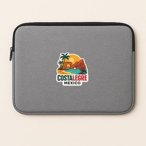 a gray laptop sleeve with a colorful sticker depicting a tropical beach scene and the text "CostaLeGRE MEXICO".