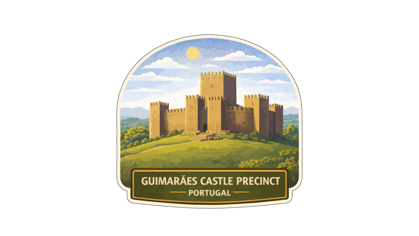 a castle with multiple towers, set against a backdrop of a green hill and a blue sky with a sun.