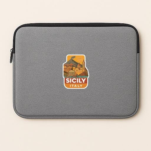 A gray laptop sleeve with a sticker depicting the city of Sicily, Italy.