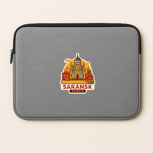 A gray laptop sleeve with a graphic design depicting the city of Saransk, Russia.