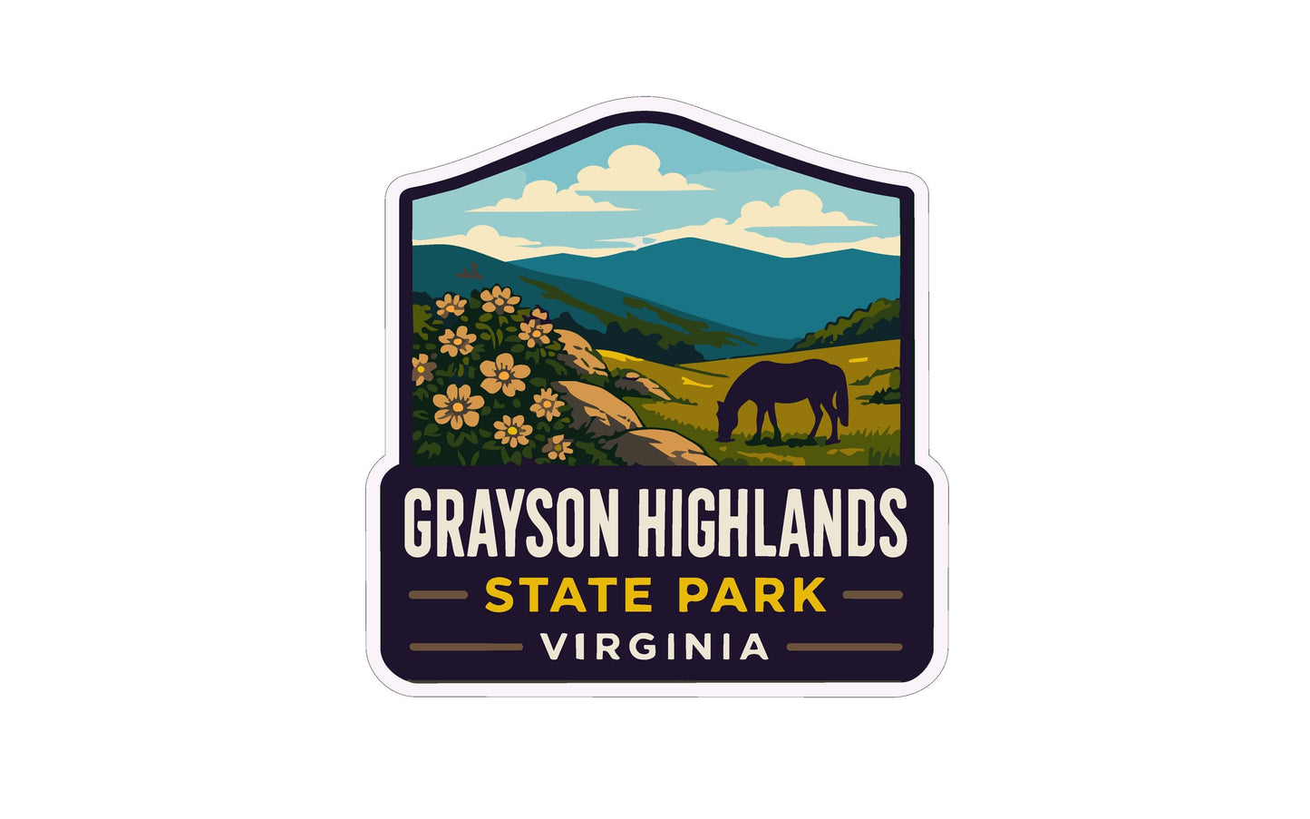a sticker or emblem with a scenic landscape, including mountains, a horse, and flowers. The text "Grayson Highlands State Park Virginia" is prominently displayed, indicating the location or theme of the image.
