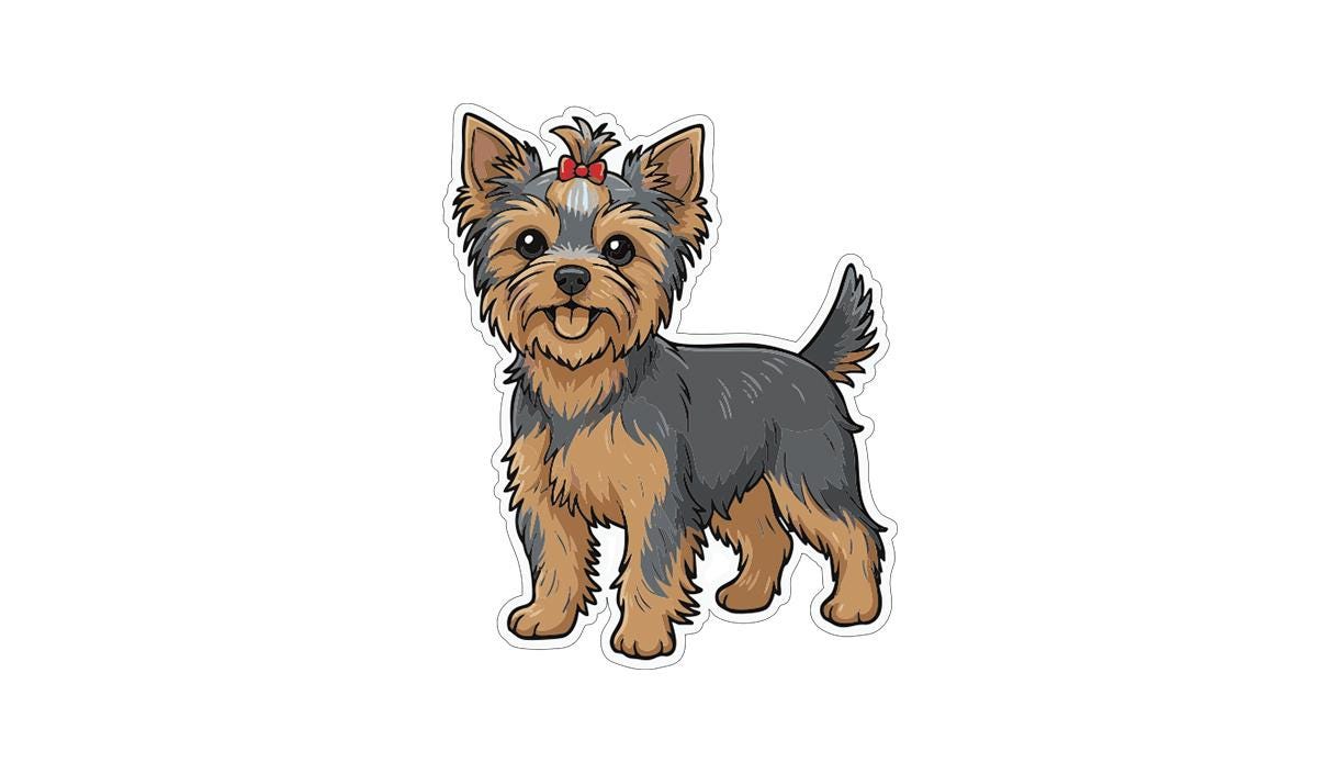 A cartoon illustration of a small dog with a bow on its head.