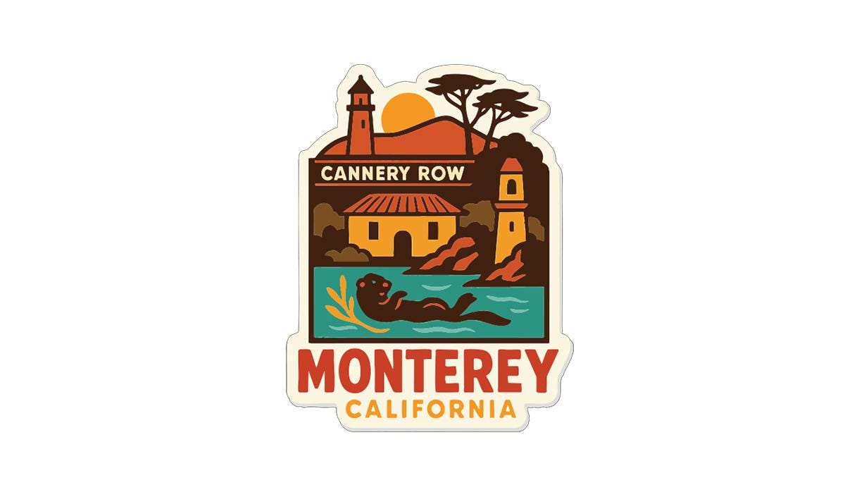 A sticker or emblem featuring a lighthouse, a building, and a body of water with an otter, all set against a backdrop of a sunset and mountains.