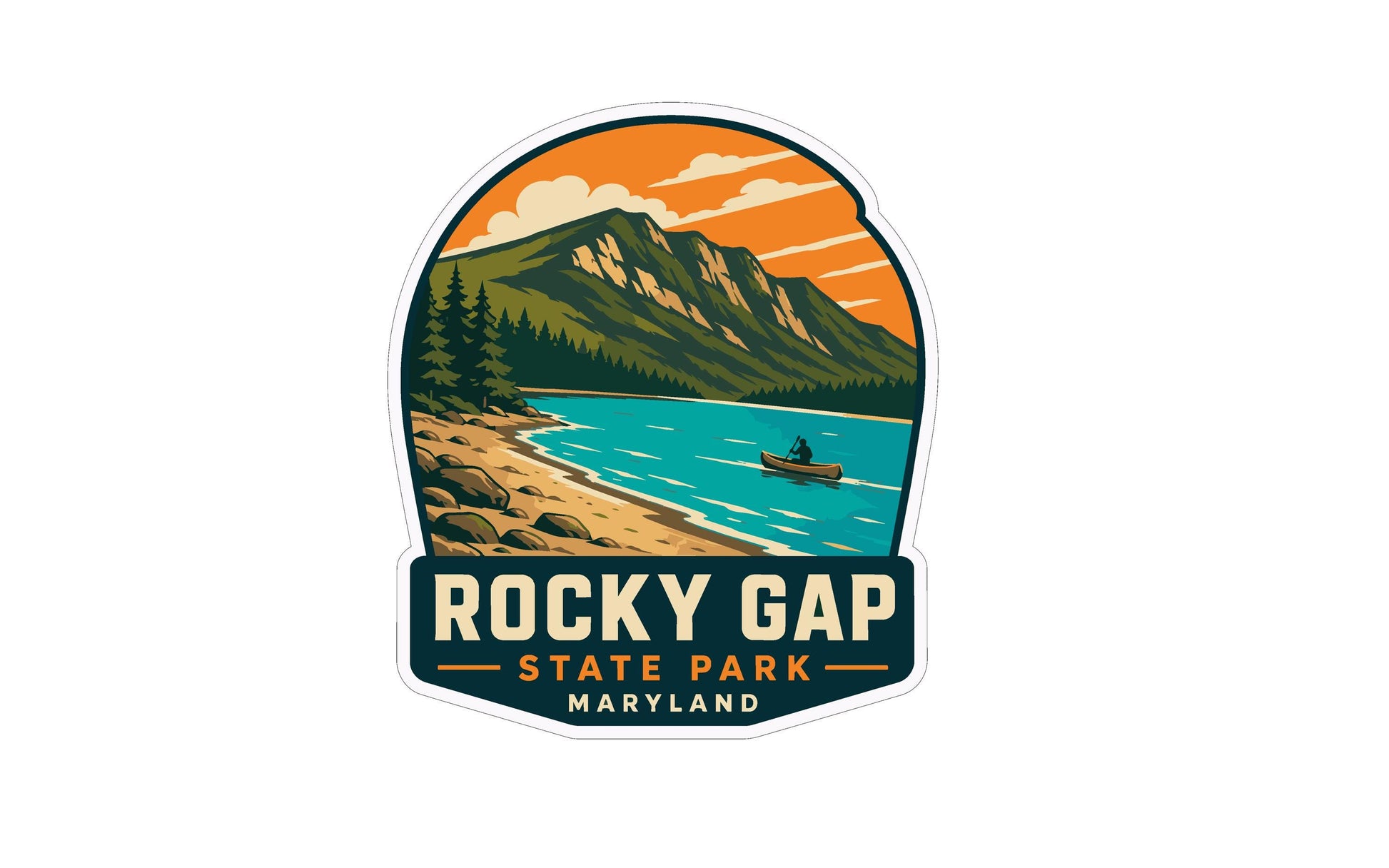 a sticker or logo for Rocky Gap State Park in Maryland. The design includes a mountain landscape with a lake, a person in a boat, and a scenic background.
