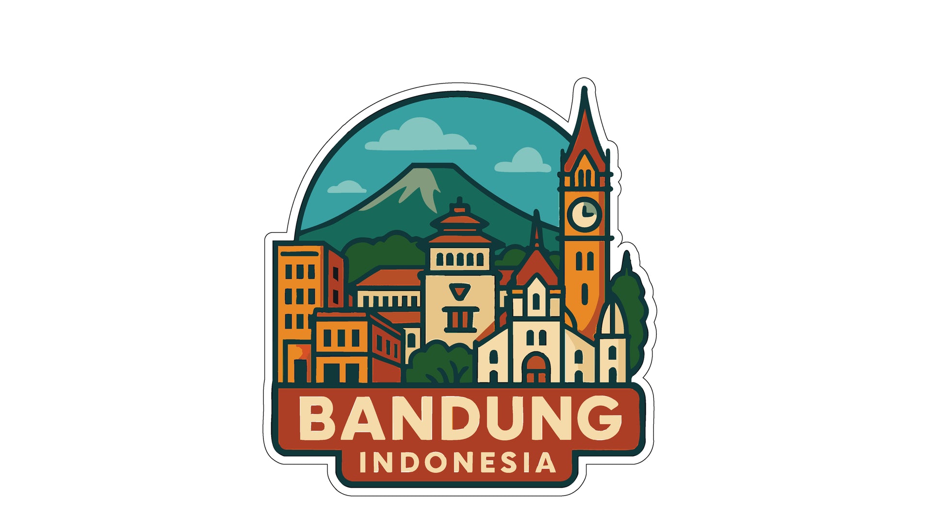 a stylized illustration of the city of Bandung, Indonesia, with various buildings and landmarks depicted in a colorful and artistic manner.