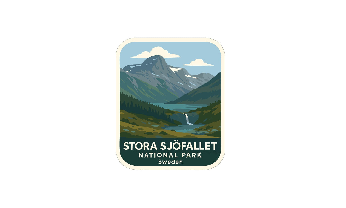 The image is a sticker or label for Stora Sjöfället National Park in Sweden. It features a scenic landscape with mountains, a lake, and a waterfall.