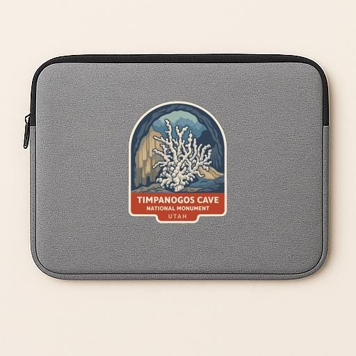 A gray laptop sleeve with a label that says "Timpanogos Cave National Monument Utah".