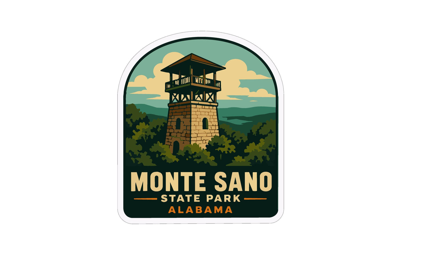 A sticker depicting a tower in a mountainous landscape with the text "MONTE SANO STATE PARK ALABAMA" below it.