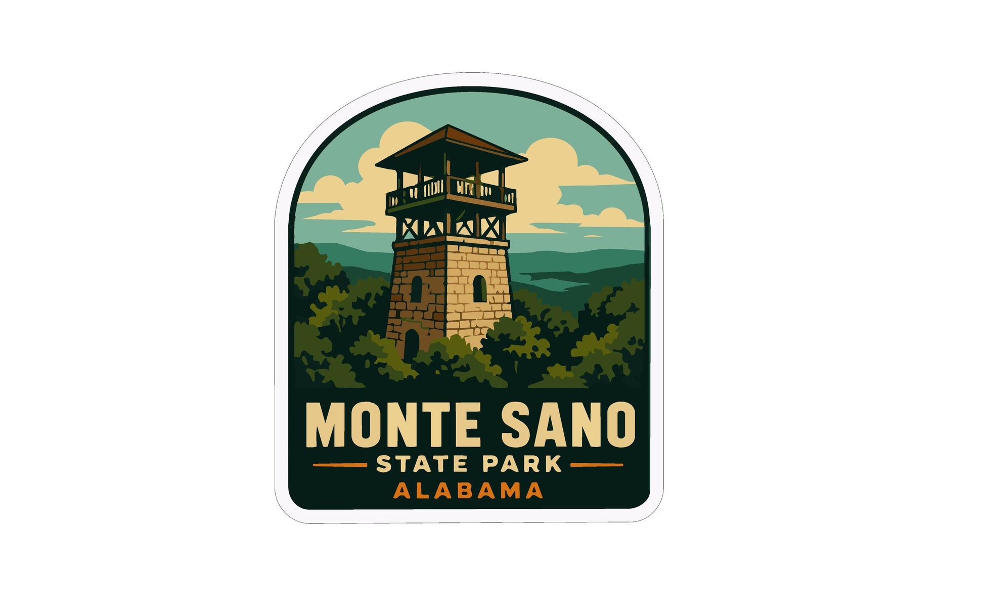 A sticker depicting a tower in a mountainous landscape with the text "MONTE SANO STATE PARK ALABAMA" below it.