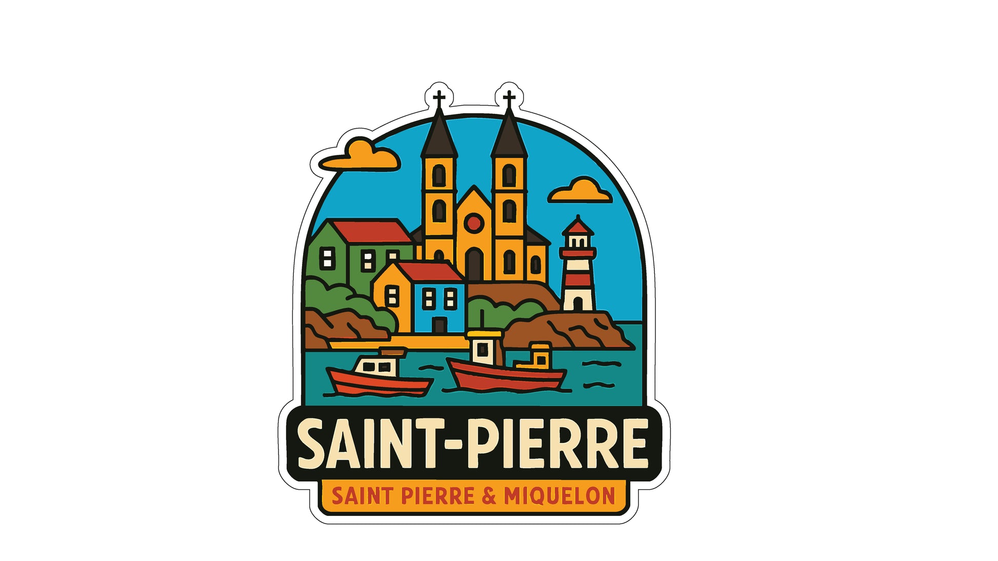 a colorful illustration of a town with buildings, boats, and a lighthouse, along with the text "SAINT-PIERRE SAINT PIERRE & MIQUELON".