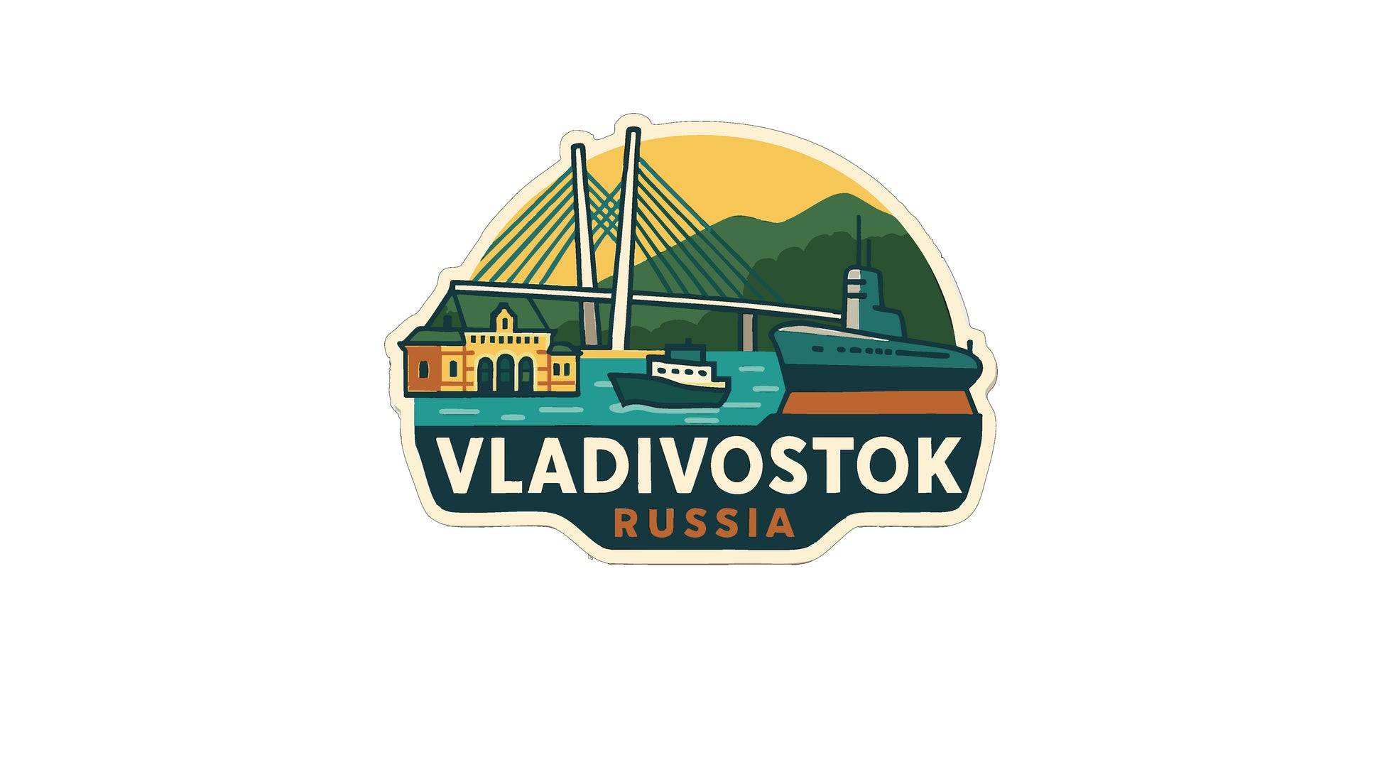 a sticker or emblem with a bridge, boats, and mountains in the background, along with the text "VLADIVOSTOK RUSSIA".