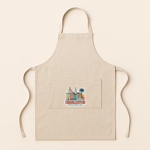 A beige apricot with a graphic of Charleston, South Carolina, printed on it.