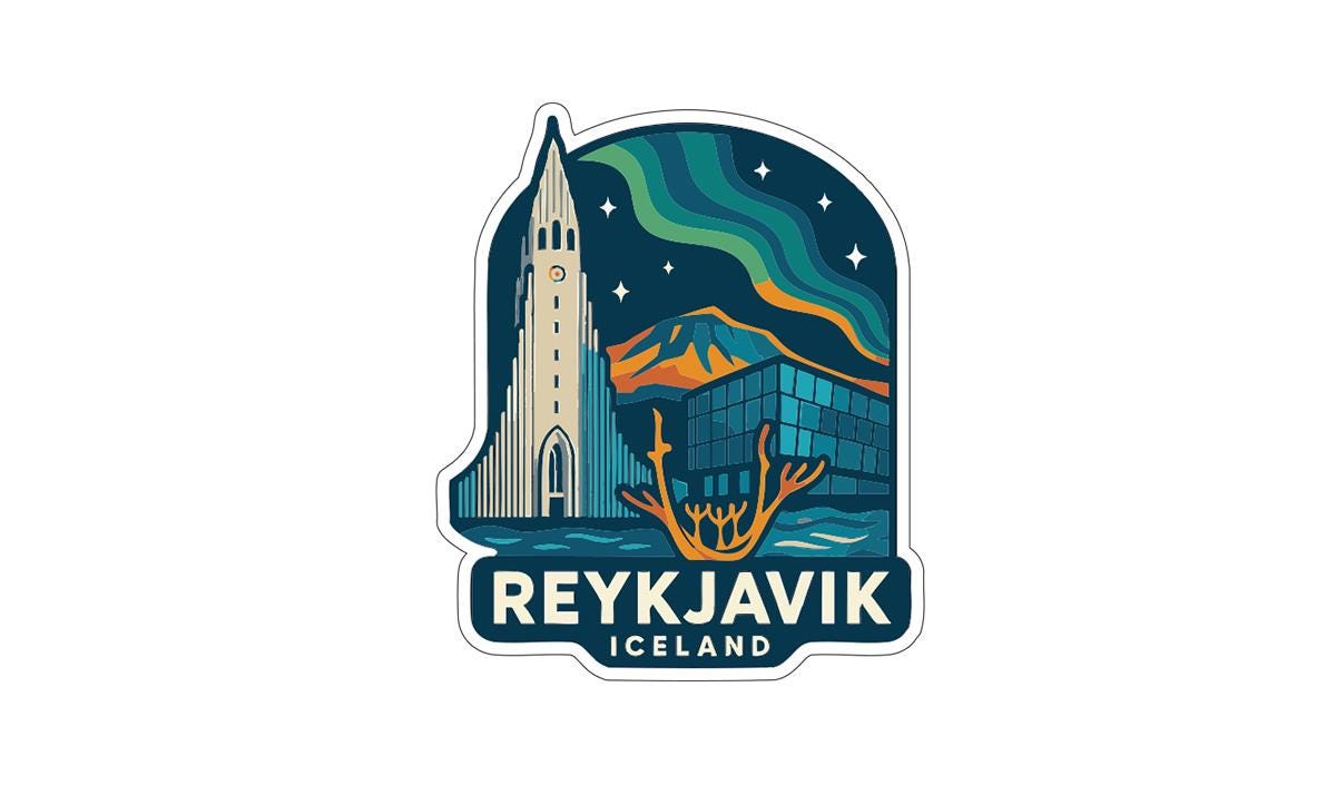 a sticker or emblem with the text "REYKJAVIK ICELAND" and a stylized illustration of Reykjavik, Iceland, including a tall tower, a castle, and a starry night sky.