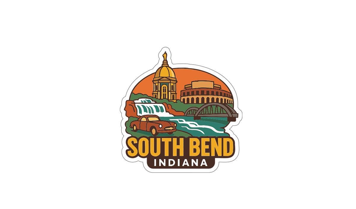 a stylized illustration of the South Bend, Indiana area, including a domed building, a bridge, and a car.