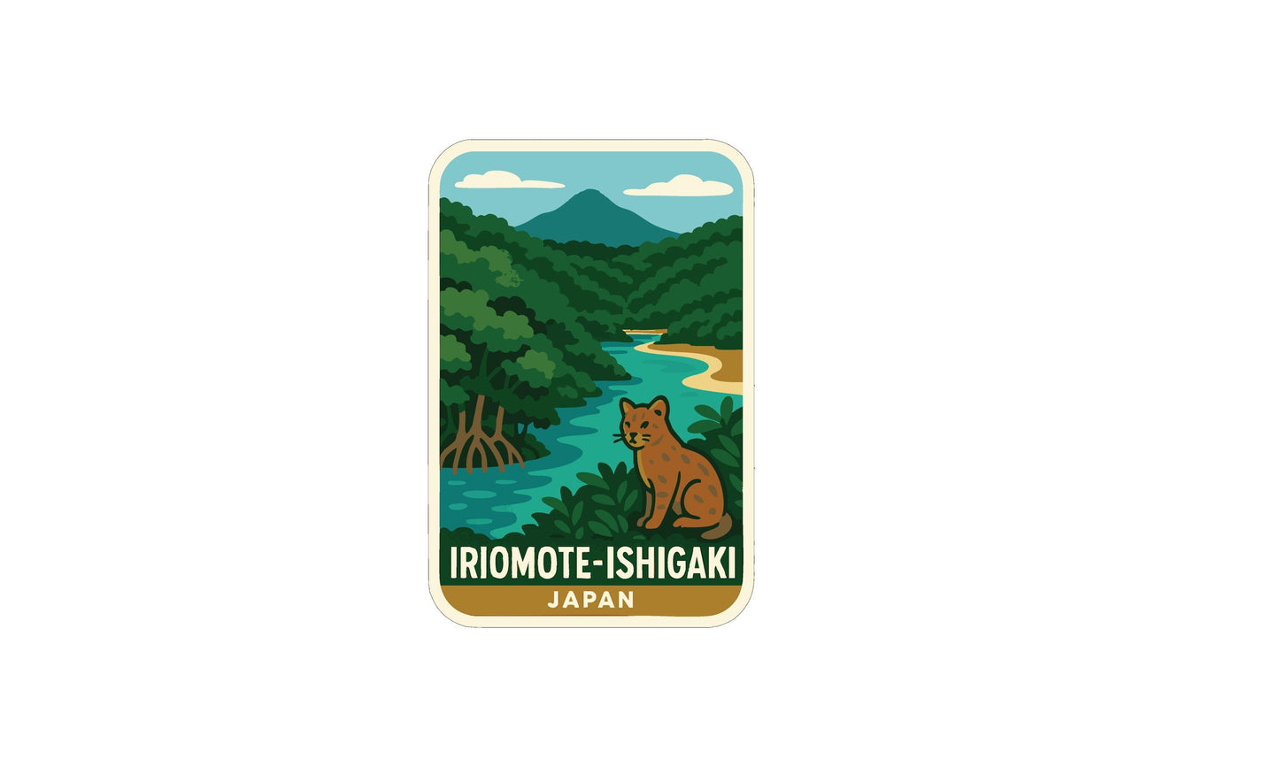 A sticker depicting a cat sitting on a rock in a lush, green landscape with a river and mountains in the background.