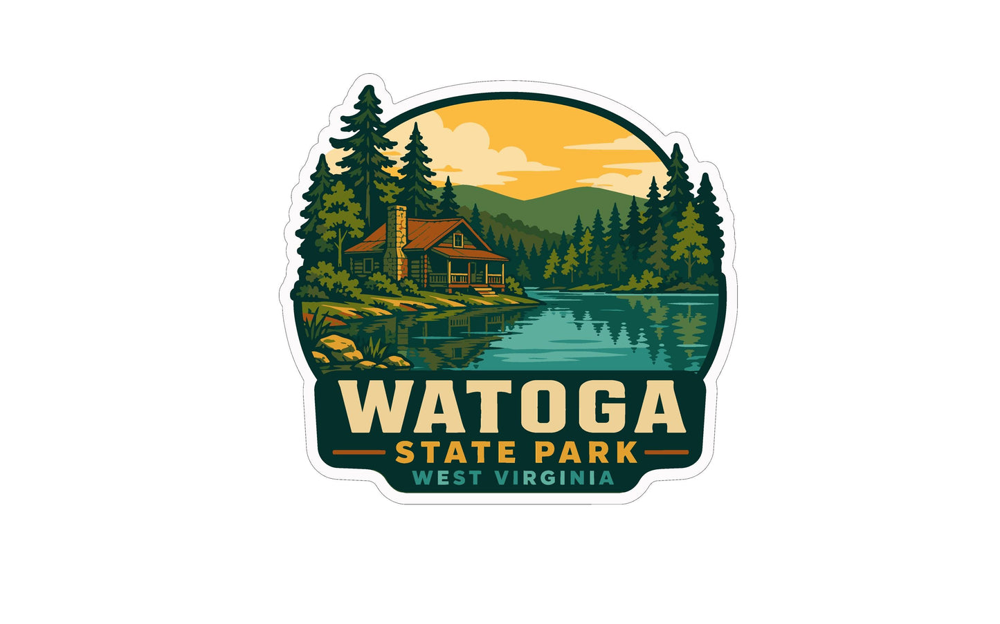 A sticker or logo depicting a cabin surrounded by trees and a lake, with mountains in the background, representing the Watega State Park in West Virginia.