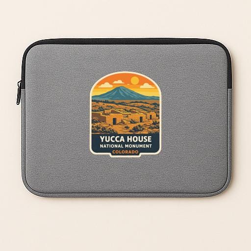 A gray laptop sleeve with a graphic design depicting the Yucca House National Monument in Colorado.