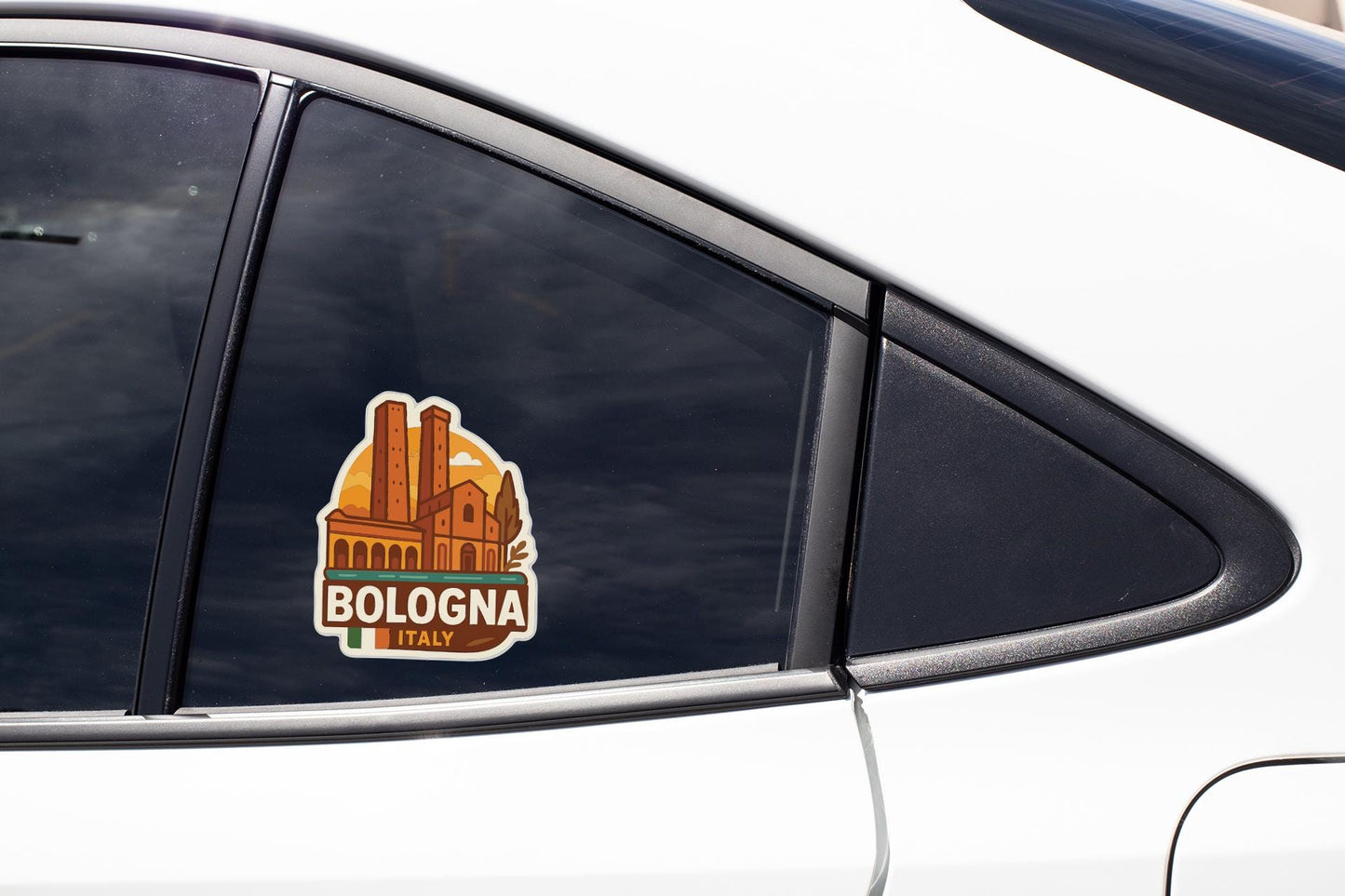 A sticker on the side of a car window, depicting the Bologna, Italy landmark.