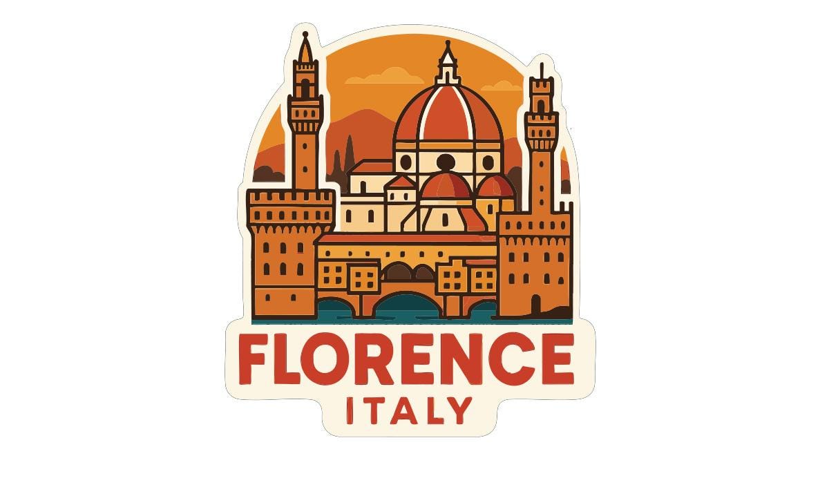 A stylized illustration of the Florence Cathedral, also known as the Cathedral of Saint Mary of the Flower, with the city of Florence, Italy, prominently featured.